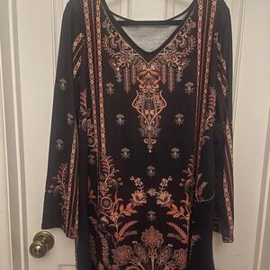 Black V‑Neck Floral Print Long Sleeve Dress